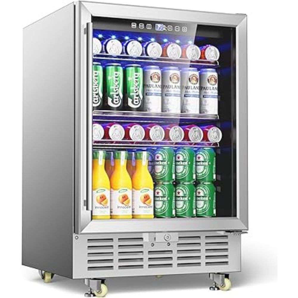 Beverage cooler with drinks including bottles and cans on a white background