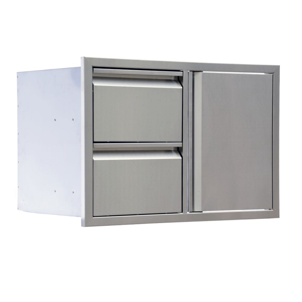 Stainless steel outdoor kitchen cabinet with two drawers and a sliding door on a white background