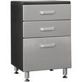 Metal file cabinet with three drawers on a white background