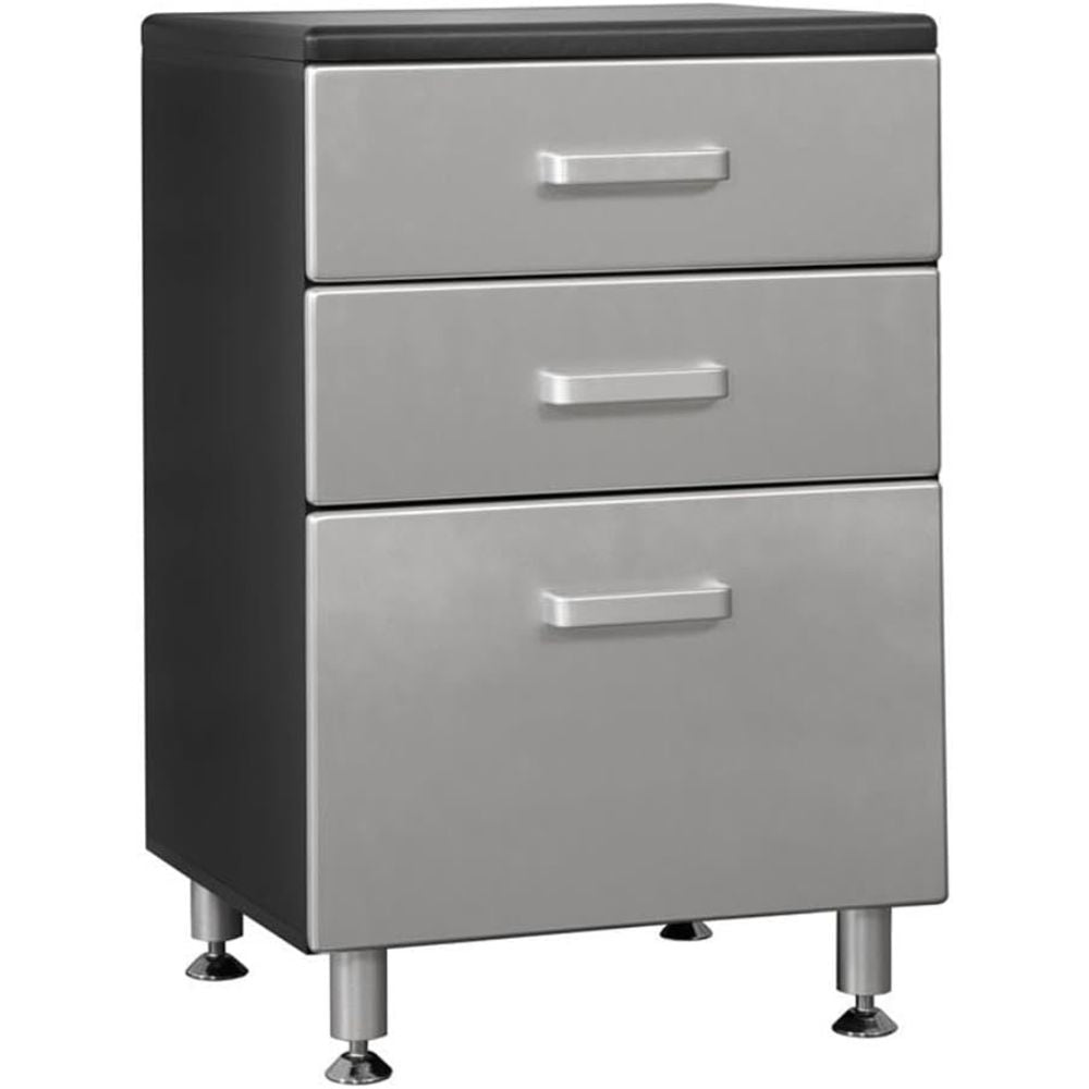 Metal file cabinet with three drawers on a white background